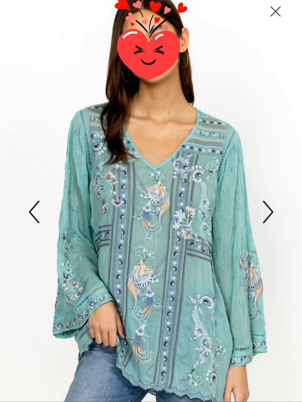 Johnny Was HALCYON  PHOENIX TUNIC Seafoam Green Embroidered V-Neck Blouse